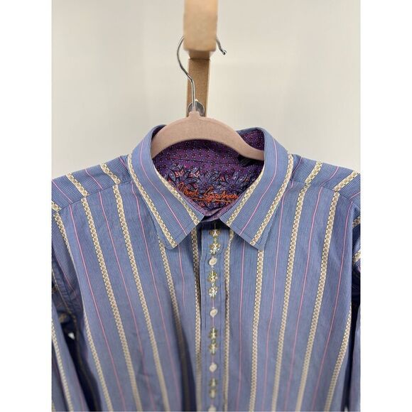 Robert Graham Men's Blue Stripe Embroidered Button-Up Long Sleeve Shirt Size XL - Picture 6 of 9